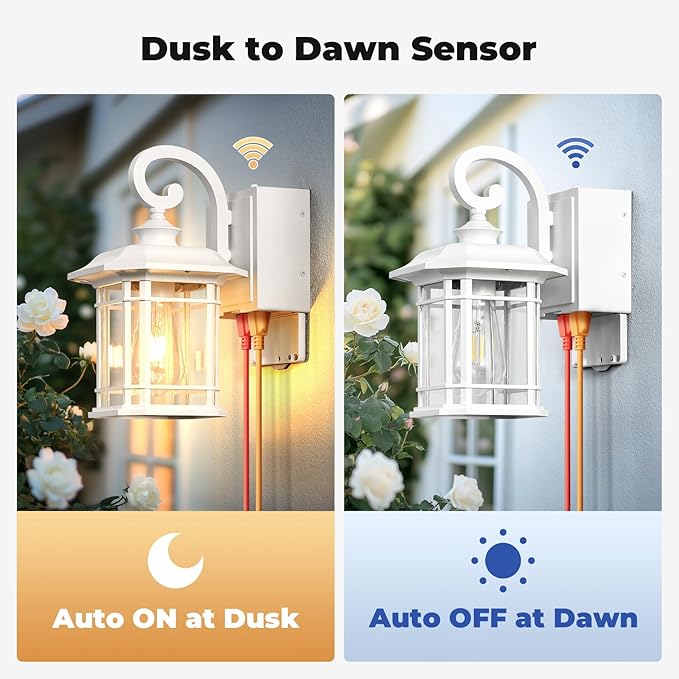 White Porch Light with GFCI Outlet, Dusk to Dawn Outdoor Light Fixture with Seeded Glass, Anti-Rust Waterproof Exterior Lighting Fixtures for Proch, Front Door, Yard, Patio