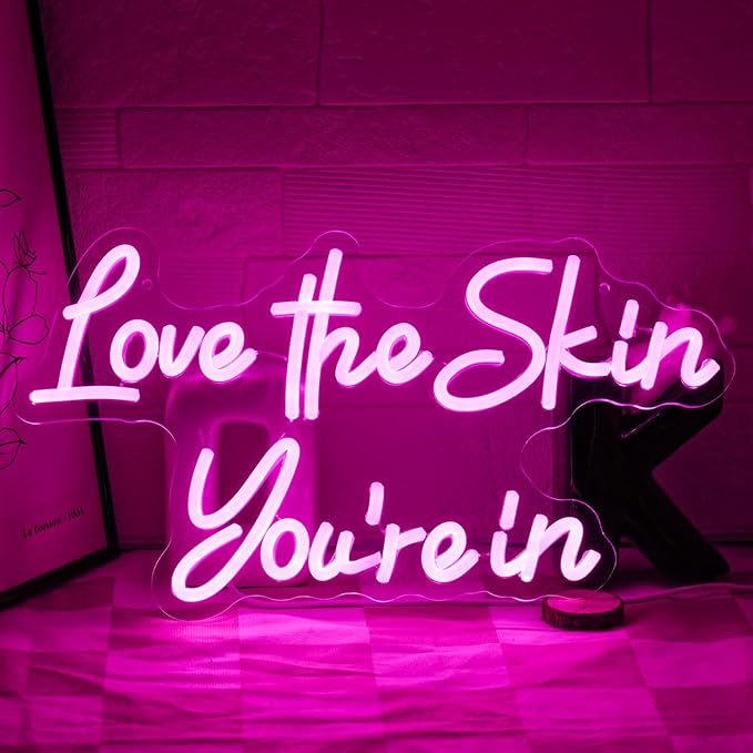 Love the Skin You're in Neon Signs Rose Red Letter Neon Light Facial Spa Neon Light Sign Beauty Salon LED Letter Light for Bedroom Esthetician Yoga Studio Business Dressing Room Wall Decor