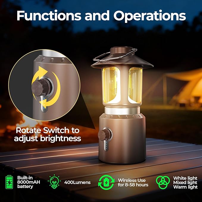 Telescopic Camping Lights Rechargeable,8000mAh Retro Classic LED Camping Lantern,3 Light Modes,Cordless Dimmable Camping Tent Lamp Portable Power Supply IPX4 Waterproof,Light for Indoor & Outdoor