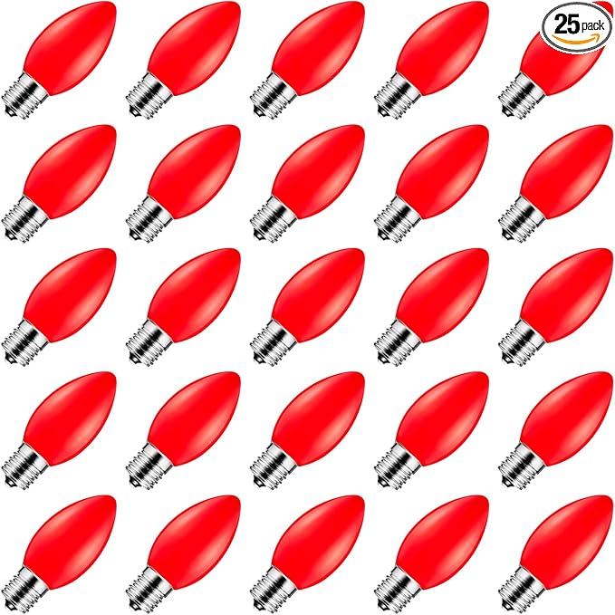 Brightown 25 Pack C9 Replacement Bulbs, Christmas C9 Incandescent Bulbs for Christmas String Lights, Christma Tree, Indoor Outdoor Holiday Decor, E17 Intermediate Base, 7 Watts, Red