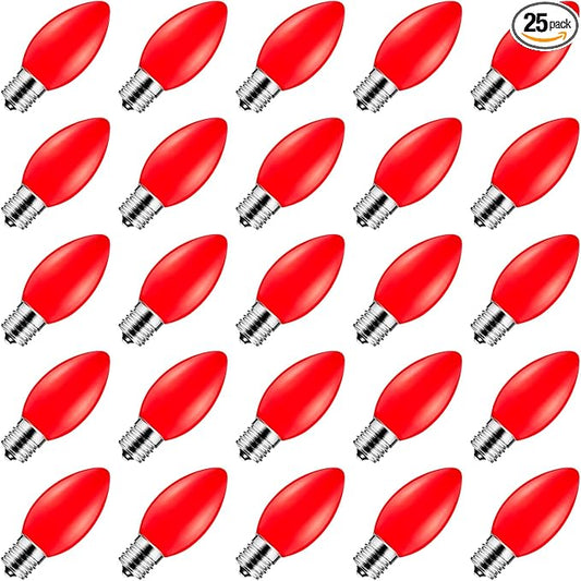 Brightown 25 Pack C9 Replacement Bulbs, Christmas C9 Incandescent Bulbs for Christmas String Lights, Christma Tree, Indoor Outdoor Holiday Decor, E17 Intermediate Base, 7 Watts, Red