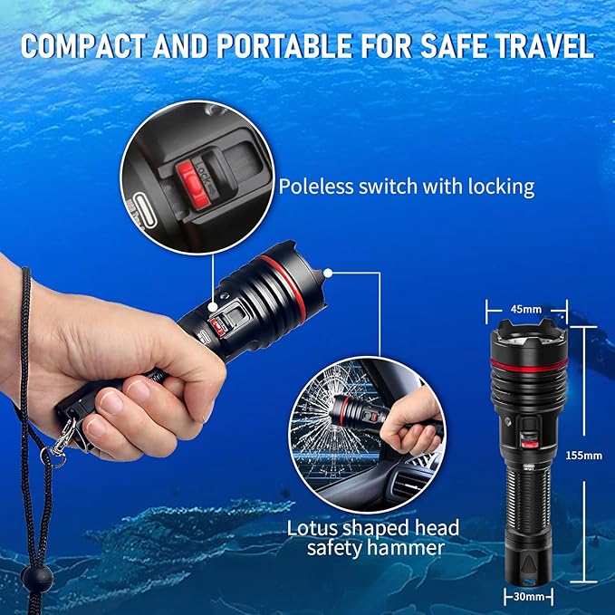 S16 2000 Lumens Diving Light with Stepless dimming - Super Bright Underwater Flashlight, USB-C Charging, IP68 Waterproof 328FT Dive Torch for Scuba Diving & Night Diving