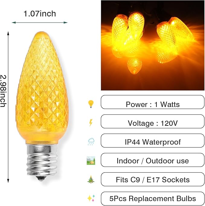 5PCS C9 LED Christmas Light Bulbs - C9 led Bulbs with E17 Base Sockets Replacement Bulbs for Outdoor String Lights - Commercial Grade Yellow