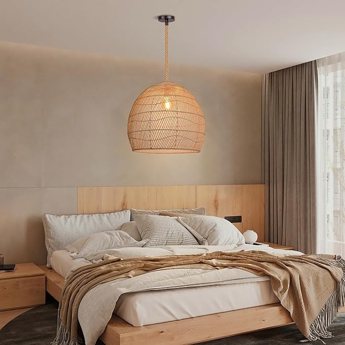 Arturesthome 1 Light Natural Rattan Pendant Light Fixture,Woven Pendant Light Wicker Chandelier,Hanging Ceiling Light,Handmade Lampshade,Rope Lamp for Kitchen Island W19.6in X H 17.7in