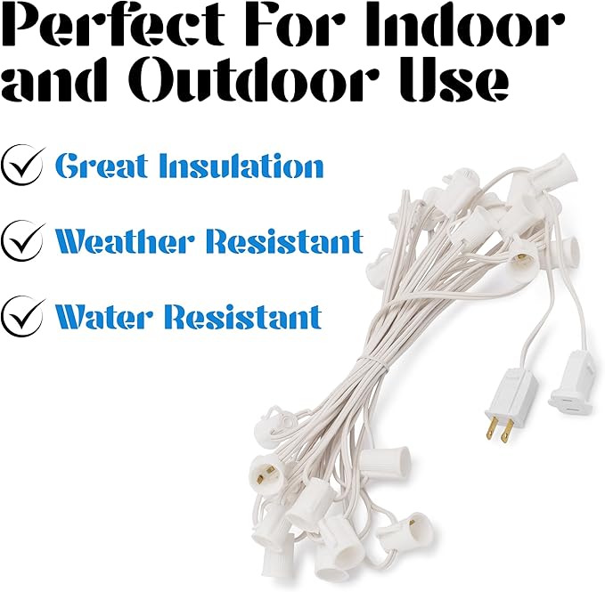 HLO Lighting C7 Light Strings | 100' White Cord with 12" Socket Spacing, E12 Light Stringer for C7 Christmas Lights