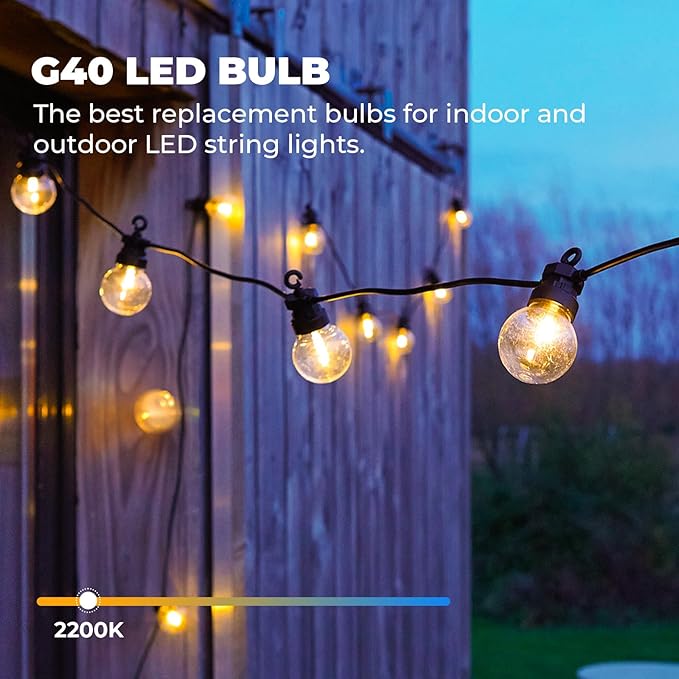 50 Pack G40 LED Replacement Bulbs, Shatterproof 1 Watt E12 LED Bulb for Outdoor Patio Garden Vintage String Lights, 2200K Warm White, Dimmable