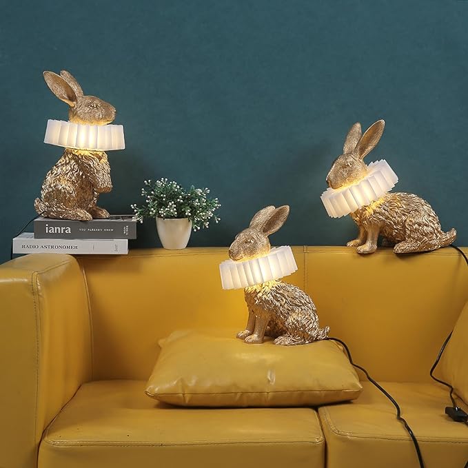 Scarf Rabbit Table Lamp,Resin Crafted Gold Bunny Lamp Featuring White Pleated PC Lampshade,USB Plug,Energy-Efficient Nightstand Lamp (Gold Sitting)