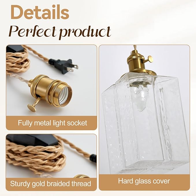 Hanging Lamp Plug in Golden Adjustable Light Cord Plug in Pendant Lights 6.5 Inch Glass Lampshade Hanging Pendant Light Hanging Light Fixture with Plug in Cord for Dining Room with Light Bulb
