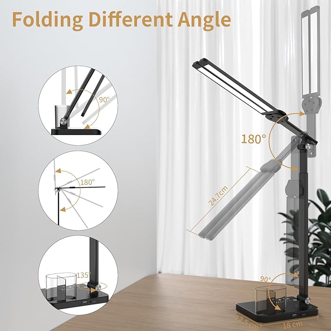 LED Desk Lamp, Dual Heads, Height Adjustable, USB Charging Port, 5 Light Modes & Dimmable Brightness, Bedside Lamp for Reading, Craft, Work, Study (Black, 15W)