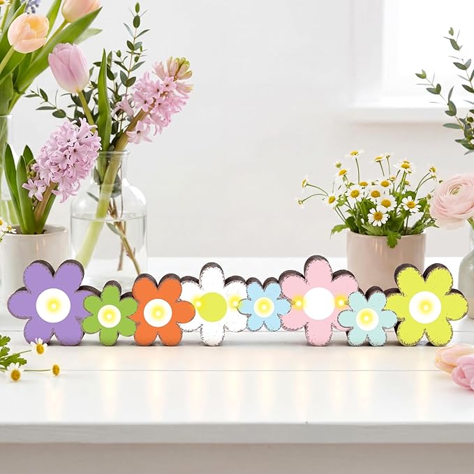 Yousoontic Spring Easter Decorations Daisy Flower Table Centerpieces, Light up 3D Wooden Floral Sign with LED Lights, Colorful Farmhouse Spring Decor for Home Mantel Desk Office Party