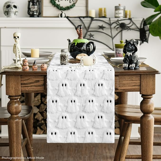 Artoid Mode Ghost Soft Plush Faux Fur Jacquard Halloween Table Runner, Holiday Kitchen Dining Table Decoration for Home Party Decor 13x48 Inch