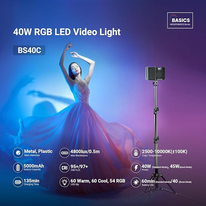 NEEWER BASICS BS40C Full RGB Magnetic Camera Video Light, 45W Boost Mode, Small LED Panel Lighting 4800lx/0.5m CRI95+ 2500-10000K 14 Scenes 5000mAh for DSLR Tripod Streaming Photography Vlog Recording