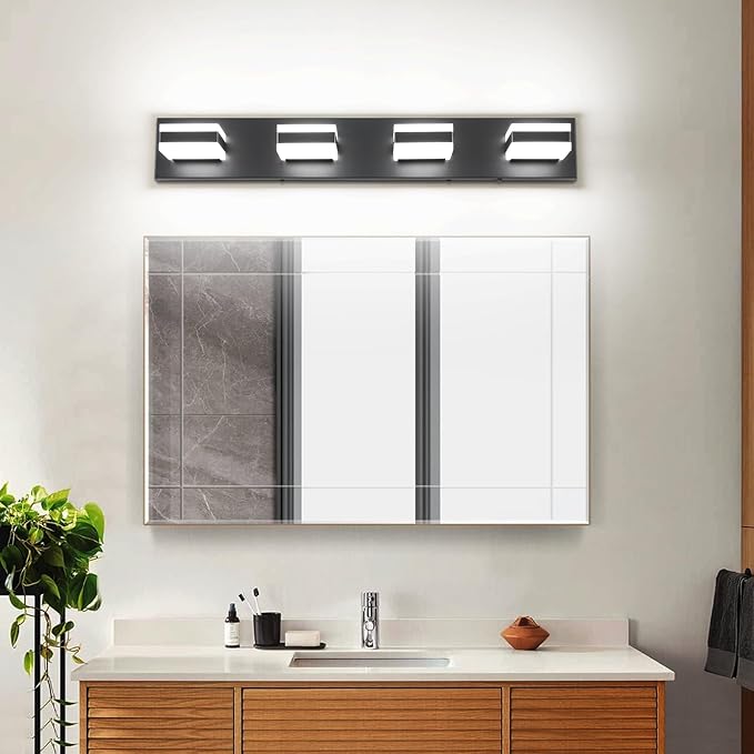 SOLFART Black Bathroom Light Fixtures, 4 Lights Bathroom LED Light, LED Dimmable Vanity Lights Cool White 6000K & 0%-100% Brightness Dimmable