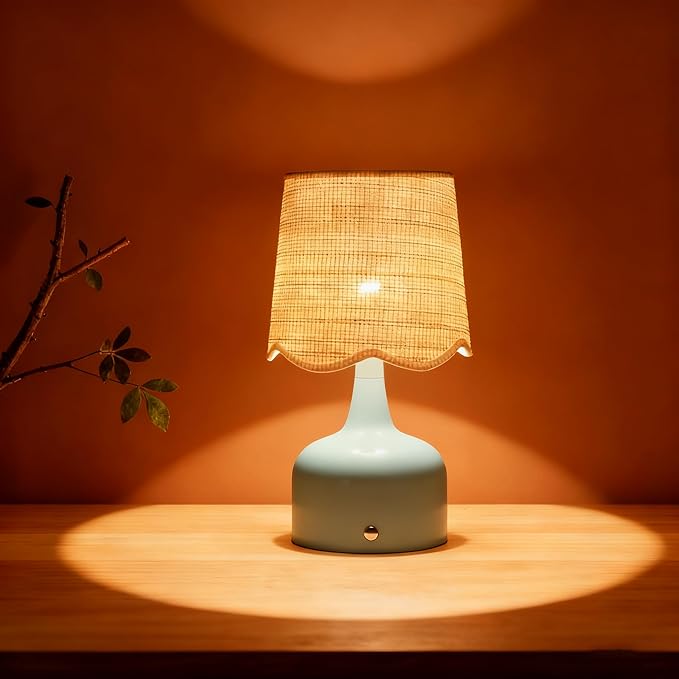 Cordless Boho Table Lamp Blue, Scalloped Wicker Shade, 5200-mAh Rechargeable Battery, 3-Way Dimmable, Build-in Integrated LED 320 Lumen Max, for Bedside Living Room