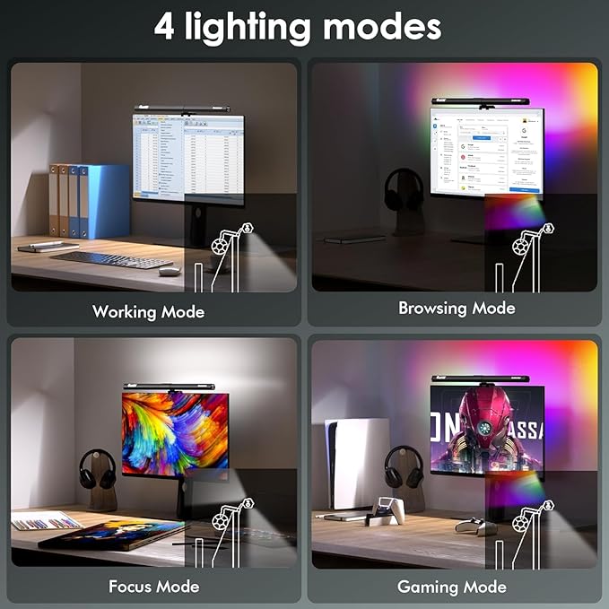 Quntis Monitor Light RGB Backlight, Eye-Care Computer Lights Bar Gaming Office Desk Lamp, 15 Modes Backlight, 3 Color Temperature & Brightness Dimmable Front Light, Ra95 Screen No Glare Monitor Lamp