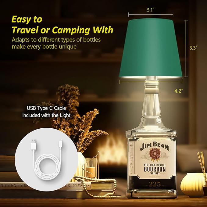 2025 New Wireless Bottle Lamp - LED Bottle Lights for Liquor & Wine Bottles, Cordless Lampshade, Whiskey Bottle Top Light, Bottle Stopper Night Light Kit, Rechargeable 3-Tone Touch-Dimmable