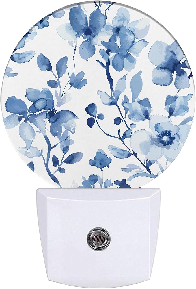 Vintage Blue Floral Night Light,Abstract Botanical Floral Plug-in Night Lights with Dusk-to-Dawn Sensor for Bedroom Bathroom and Living Room Sleep Friendly lamp