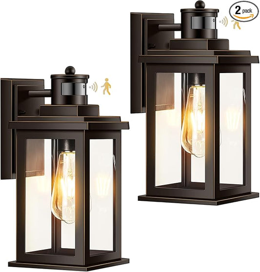 VIANIS Distance-Adjustable Motion Sensor Porch Light, 2-Pack Oil Rubbed Bronze Waterproof Outdoor Light fixtures wall Mount, Anti-Rust Dusk-to-Dawn Outdoor Lanterns for Porch, Garage, Front Door