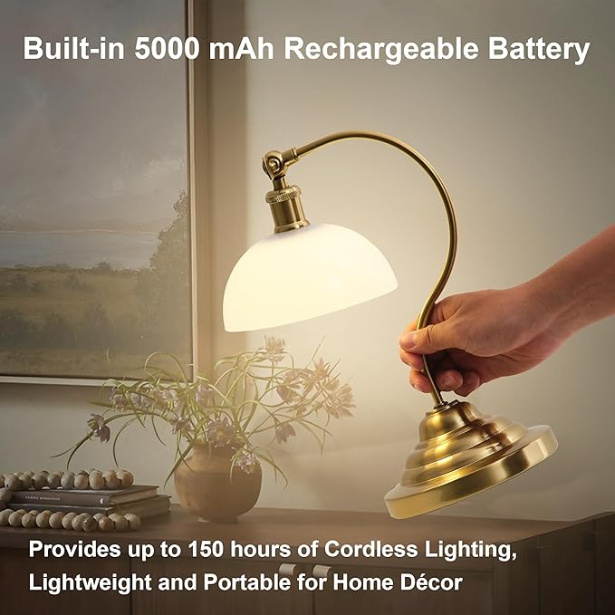 Cordless LED Table Lamp, Battery Operated Desk Lamps with Swing Arm & Plastic Shade, Vintage Small Rechargeable Dimmable Light for Bedroom, Living Room, Nightstand, Brass/White