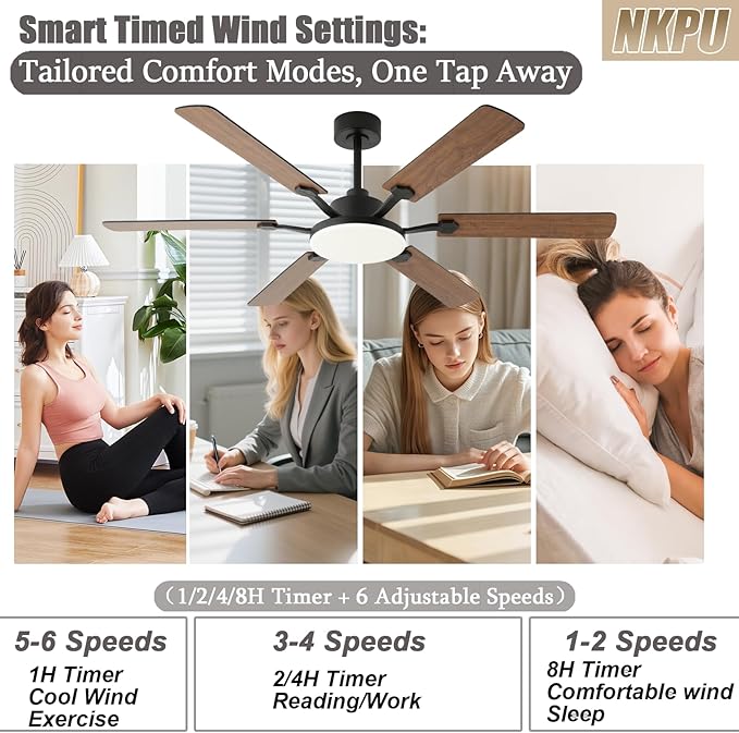 60 Inch Ceiling Fans with Lights, Large Modern Brown Ceiling Fan with Light and Remote Control, 6 Double Sided Blades, 6 Speed Reversible Motor, Dimmable LED, Silent Timing, Indoor Outdoor Patio Use