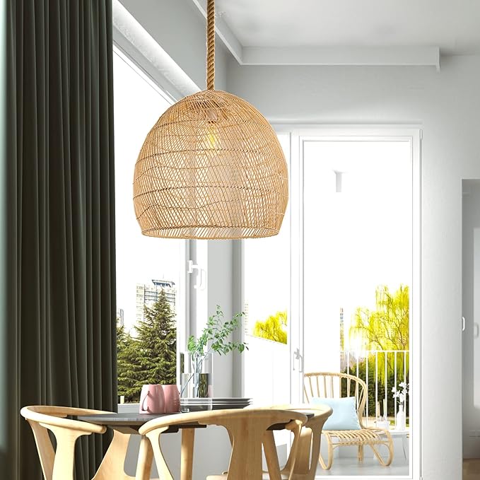 Arturesthome Natural Rattan Pendant Light for Kitchen Island, Woven Rope Lamp Shade, Hanging Ceiling Light Shade, Handmade Lampshade Chandelier D 23.6in*21.6in