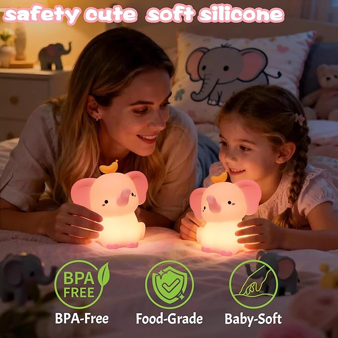 Pink Elephant Night Light, Cute Squishy Silicone Lamp, Dimmable Touch Control Elephant Gifts for Girls Daughter, LED Nursery Bedside Lamp for Girls Room Decor Birthday Xmas Gifts