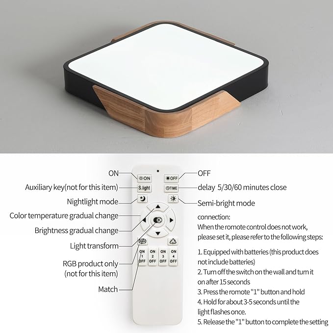 LED Ceiling Light, Flush Mount Ceiling Light Dimmable 36W, Light Fixtures Ceiling Mount with Remote, Wood Modern Ceiling Lamp, Ceiling Lights for Bedroom Kitchen Living Room Hallway,15.7in