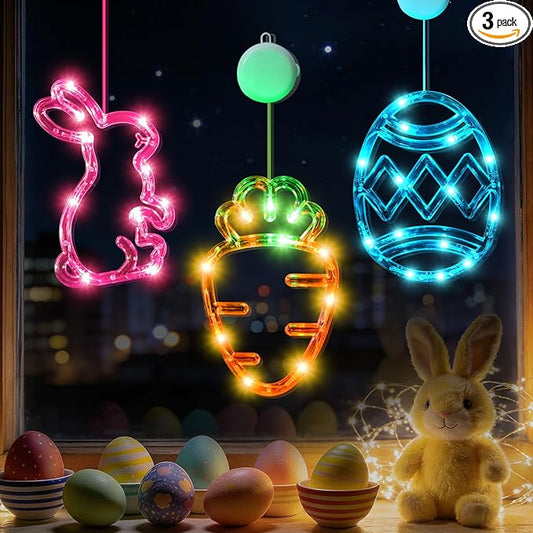3Pack Easter Window Lights Decorations with Timer, Battery Powered Hanging Pink Orange Green Blue Lighted Bunny Carrot Egg Shaped Sucker LED Lamp for 2026 Holiday Indoor Home Decor