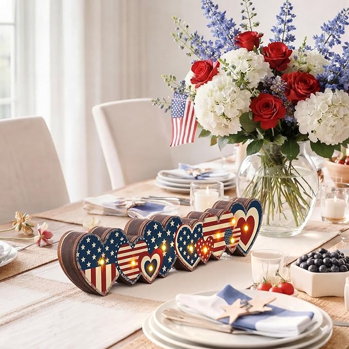 Yousoontic 4th of July Decorations Retro Patriotic Table Centerpieces with LED Lights Memorial Day Heart Wooden Sign Decor 3D Block Red White Blue Decor for 250th Anniversary Home Mantel Desk Party