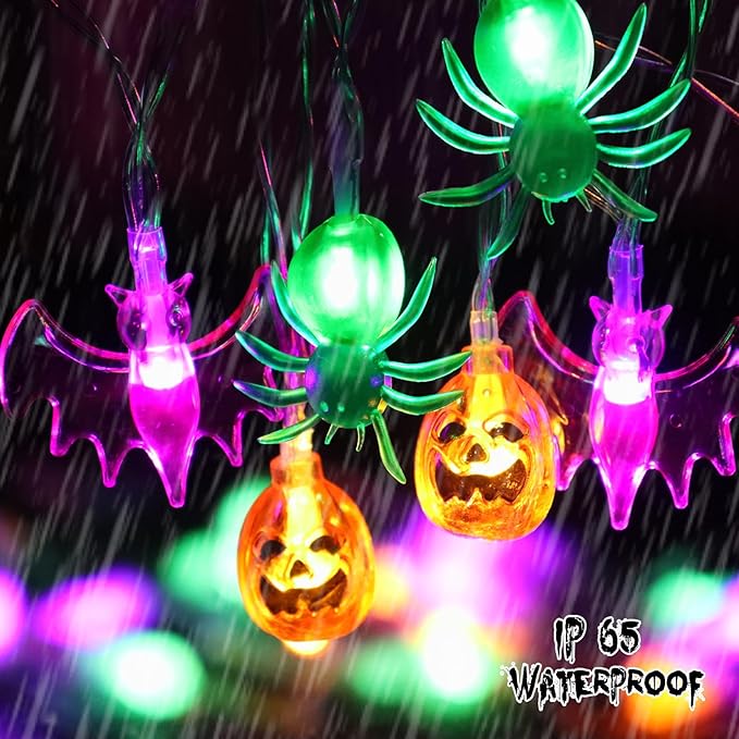 Halloween Lights Decor, 16 FT 30 LED 3D Pumpkin Bat Spider Battery Operated String Lights with Timer, 8 Lighting Modes Fairy Light for Home Door Porch Indoor Outdoor Halloween Party Decorations