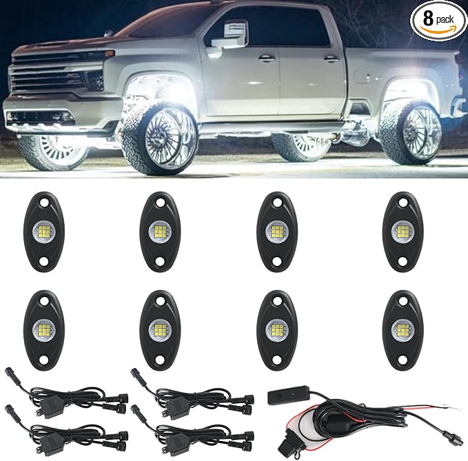 8pods White Rock Lights 12v Aluminum 6000k Super Brights Led Rock Light for Trucks with Switch Ip68 Waterproof for Utv ATV SUV RZR Rv Trucks Pickup Car Automotive Neon Accent Light Kits