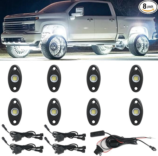 8pods White Rock Lights 12v Aluminum 6000k Super Brights Led Rock Light for Trucks with Switch Ip68 Waterproof for Utv ATV SUV RZR Rv Trucks Pickup Car Automotive Neon Accent Light Kits