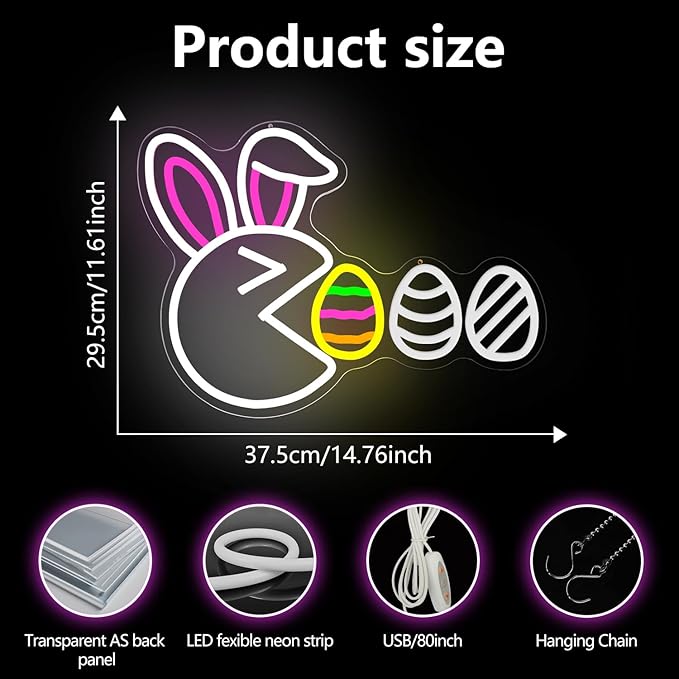 Easter Neon Sign for Wall Decor Bunny Led Sign Cute Rabbit Neon Light Easter Decorations Dimmable Funny Egg Light Up Sign for Window Spring Bar Living Room Home Holiday Bedroom Party Gifts