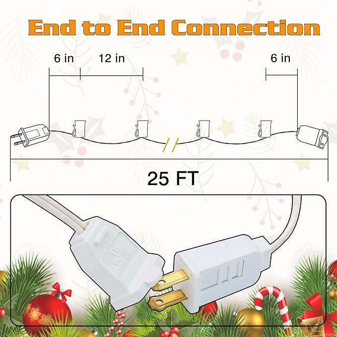 25FT C9 Light String Christmas Stringer, E17 Light Sockets 12" Spacing, C9 Stringer Set White Outdoor String Lights Strand for Wedding Patio Event Lighting Decor, White Wire