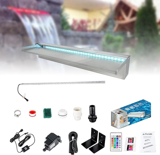 24'' APP 316 Stainless Steel Spillway with 16-Color LED Light Bar, Salt Water Corrosion Resistant Lighted Waterfall Pool Fountain Designed for Seawater Use, Waterfall Spillway for Garden Outdoor