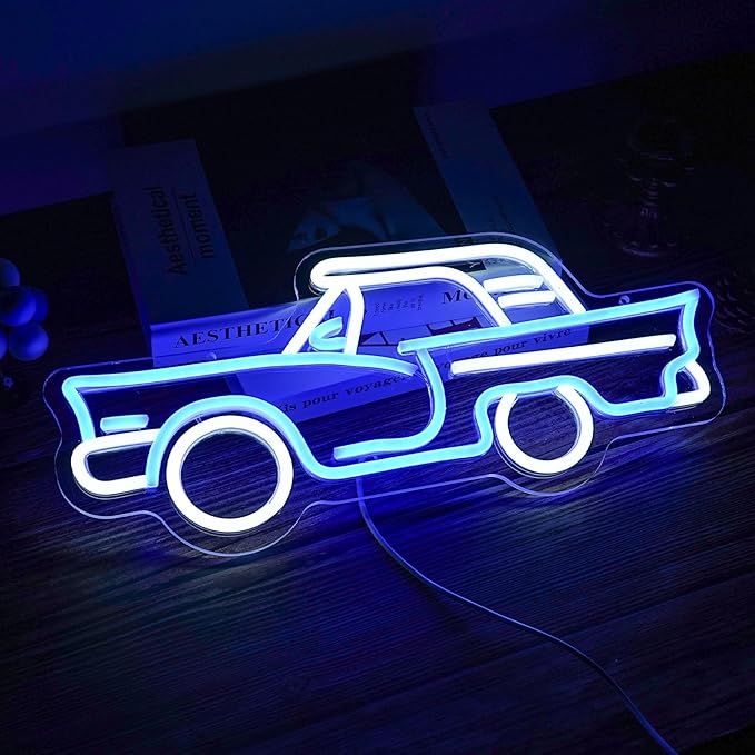 Car neon sign, Blue + White Led Signs USB Powered,For Bedroom Salon Bar Gym Garage Carpark Decor, Retro Car Led neon light sign(17.1x7.3in)