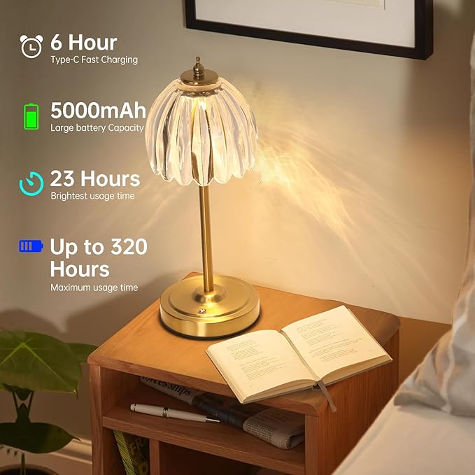 Set of 2 Tulip Table Lamp with 5000mAh Battery & Touch Control, Cordless Table Lamp with 3 Colors, Dimmable Rechargeable Table Lamps for Bedroom, Living Room, Entryways (Transparent Tulip)
