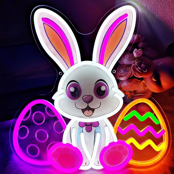 Easter Neon Sign, LED Light Up Bunny Eggs Decorations for Bedroom, Nursery Room, Classroom, Home, Acrylic Wall Mounted Lighted Cartoon Rabbit Decor, Easter Gifts for Boys and Girls, 14 x 13 Inches, USB Powered