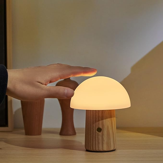 Gingko 7 Colour Changing RGB Alice Mushroom Lamp, Long Life Battery, USB-C Charging, 3 Light Modes, FSC Certified Wood with Frosted Glass, Touch Button Control (Mini, White Ash)