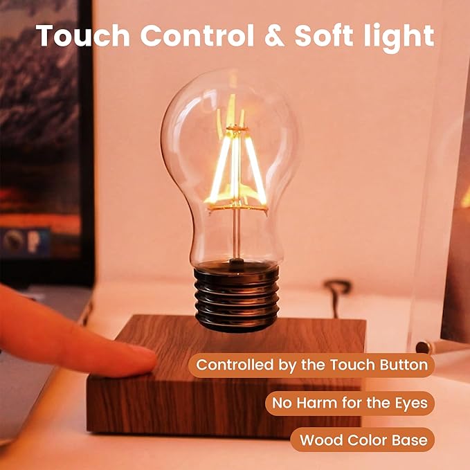 Levitating Lamp,Floating Light Bulb,Magnetic Levitating LED Desk Lamp for Unique Gifts,360 Degre Rotating Night light,Levitating Cool lamps for Home & Office,Birthday Christmas gift,Square Wooden Base