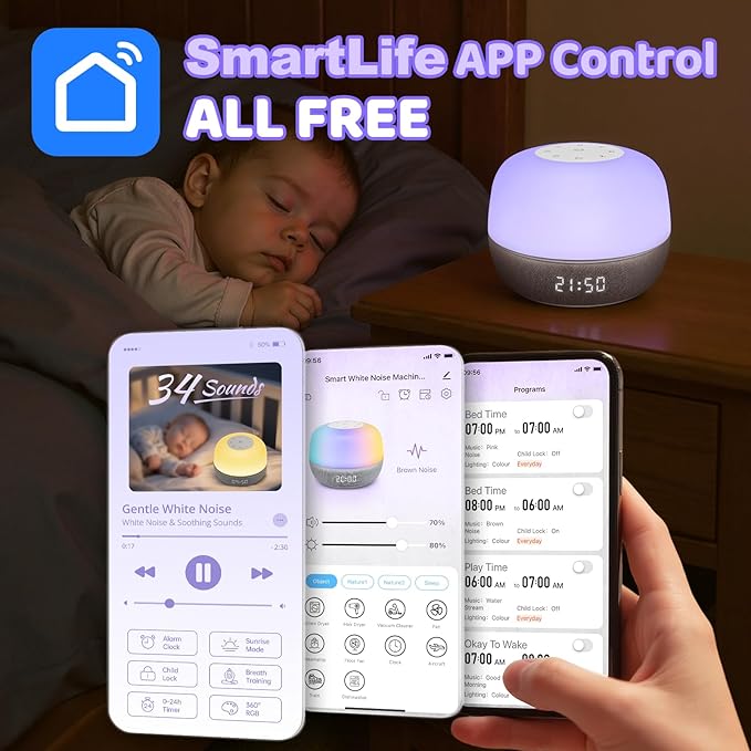 2025 Mom's Choice Awards | Sound Machine Baby White Noise Machine with Sunrise Alarm Clock & App Control – 360° RGB Night Light, Sleep Soother for Adults & Kids, Baby Essentials for Newborns