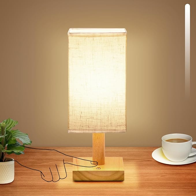 Small Cordless Touch Square Table Lamp with Stepless Dimming, Natural Wood Base & Linen Fabric Shade, Battery-Powered Ambient Night Light for Bedroom, Bedside, Nightstand,Room, Nursery