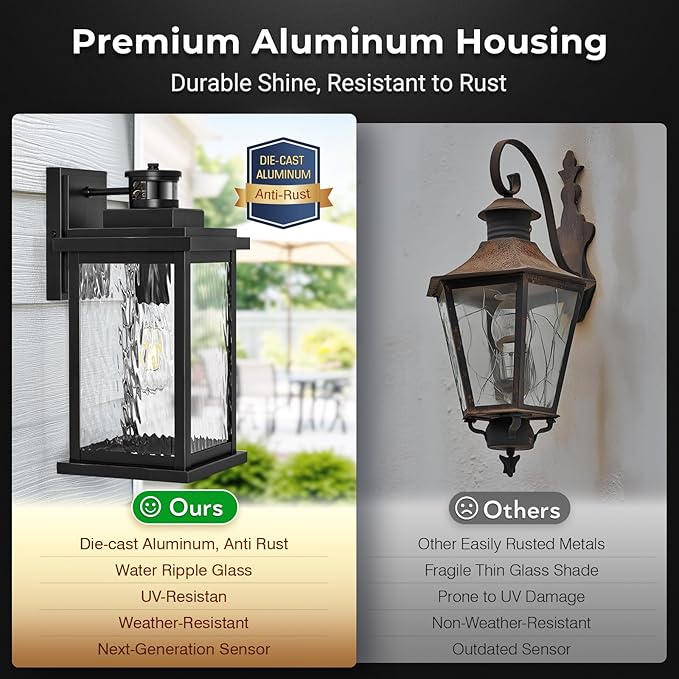 VIANIS Large Advanced Motion Sensor Outdoor Lights, Black Easy-to-Install Dusk to Dawn Outdoor Wall Lights, Aluminum Waterproof Porch Light with Water Glass for Porch, Garden, Front Door