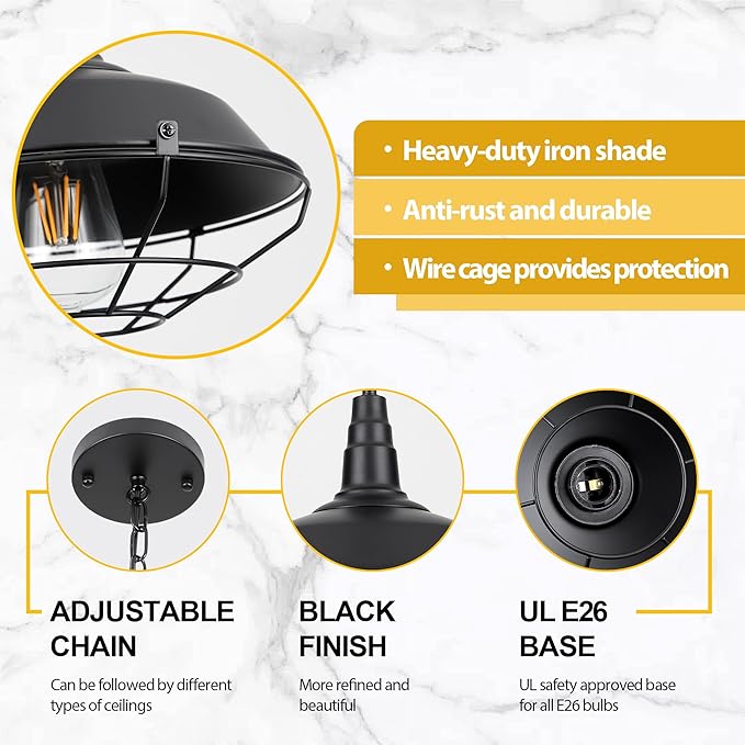 Black Pendant Light Kitchen Island 3 Pack, Farmhouse Pendant Light with Metal Wire Cage, Industrial Hanging Lights for Kitchen Sink Barn Dining Room