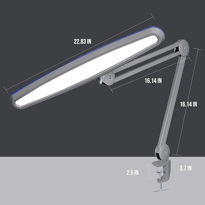 Neatfi XL 2,200 Lumens LED Task Lamp, 20W, 182 SMD LEDs, 23-Inch Ultra-Wide, 4 Brightness Levels, 3 Light Modes, Dimmable, Eye-Caring, Glare-Free (CCT with Clamp, Silver)