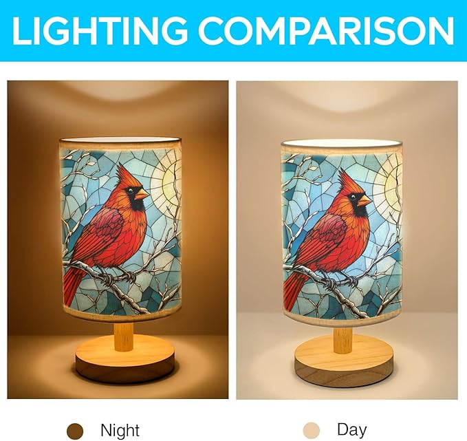 Cardinal Table Lamp LED 3-Color Pressed Bedside, Cardinal Shade Lamp with Wood Base for Bedroom Living Room Desk Office TL01