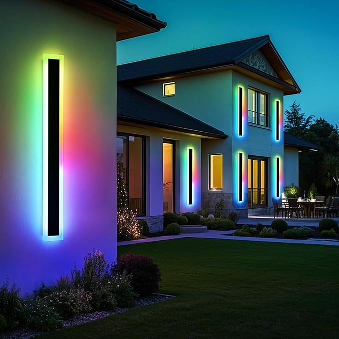 Mikeru Upgraded Widened RGB Long LED Wall Lights, 2Pack 31.4inch Outdoor Sconces RGB/Warm/White Dimmable Outdoor Wall Lights Exterior Front Porch Light Ip65 Waterproof Wall Sconce with Remote Control