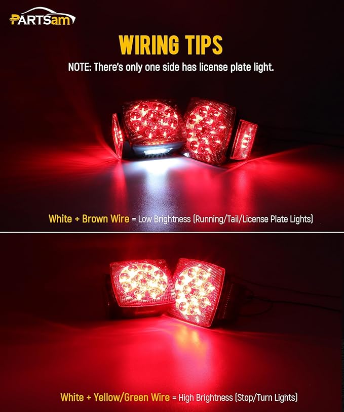 Partsam 12V Submersible Square Led Trailer Lights, Red White LED Stop Turn Tail License Side Marker Running Light Lamp for Trailers Under 80" Boat Trailer Truck, IP68, Red Clear Lens