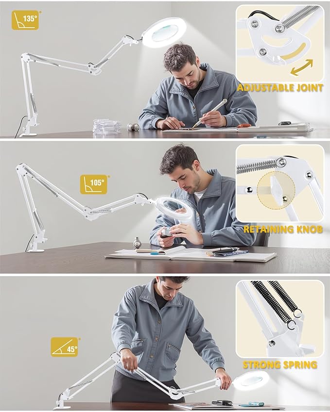 12X Magnifying Glass with Light and Clamp, Ultra Long 3 Section Swing Arm LED Desk Lamp, Real Glass Lens, 5 Color Modes Dimmable, Hands Free Lighted Magnifier with Stand for Repair Crafts - White
