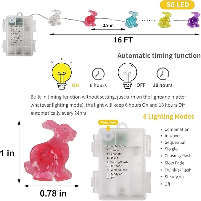 Easter String Lights, 50LED 16FT Each Colorful Bunny Decorative Fairy Lights Battery Operated, Rabbit Shaped Lights Indoor Outdoor, 8 Lighting Modes & Timer, Waterproof for Easter Party Home, 2 Pack